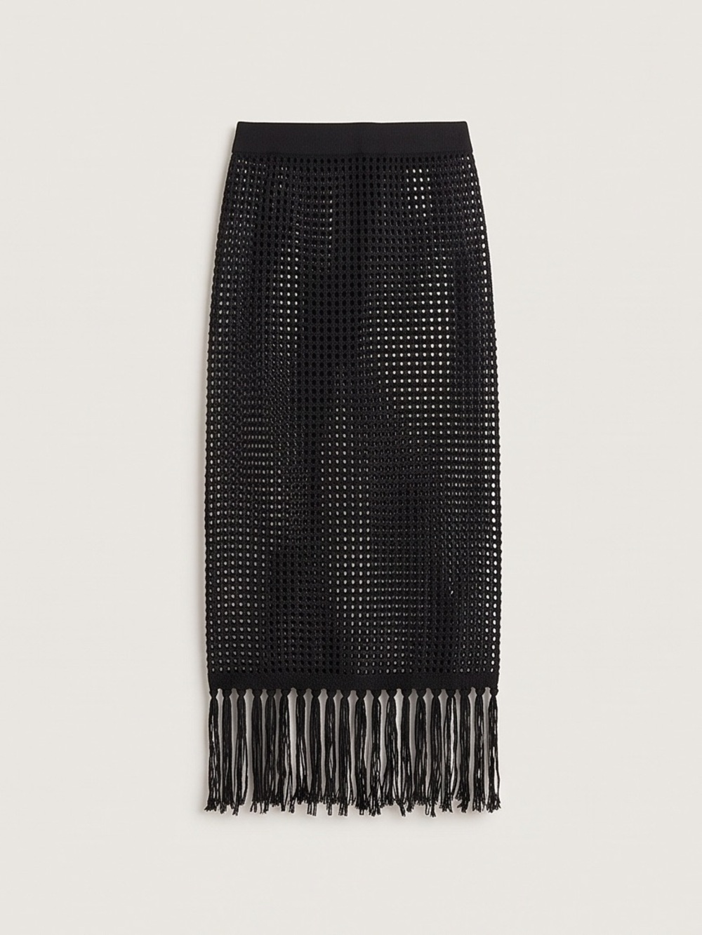 Black Fringe Crochet Midi Skirt